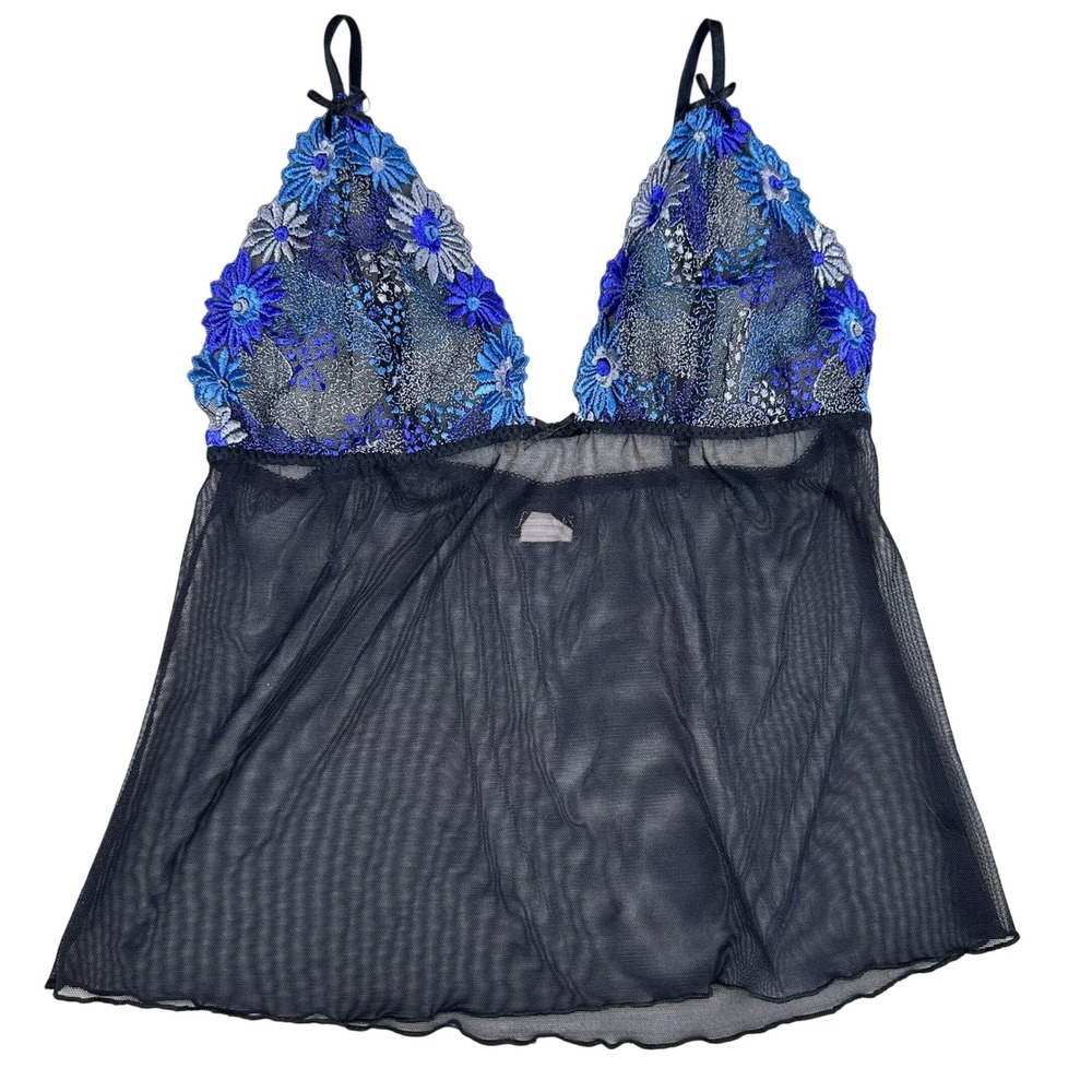 VTG 90s Frederick's of Hollywood Floral Embroidered Lace Mesh Babydoll L USA